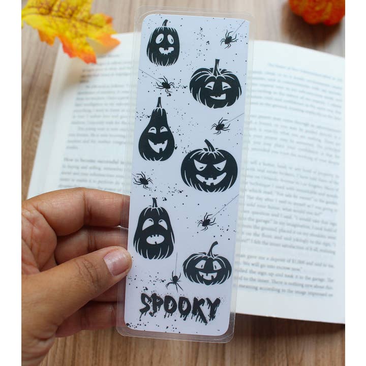 Black Spooky Pumpkin Cardstock Bookmark, Laminated Bookmark, Halloween Bookmark for wholesale by SimplyAbloom
