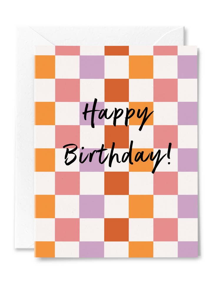 Carte de joyeux anniversaire en damier pour la vente par Illustrating Amy