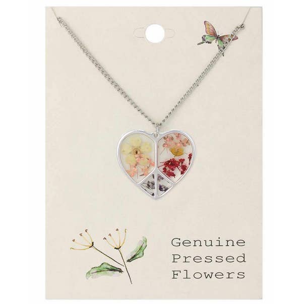 Silver Peace Heart with Dried Flowers Necklace for wholesale by Gypsy Rose