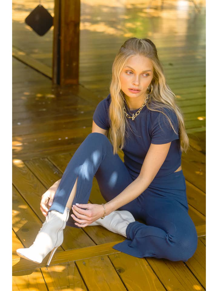 Listicle - Wholesale Lounge Set - Women's - Ribbed Crop Top & Split Hem Pants Set9