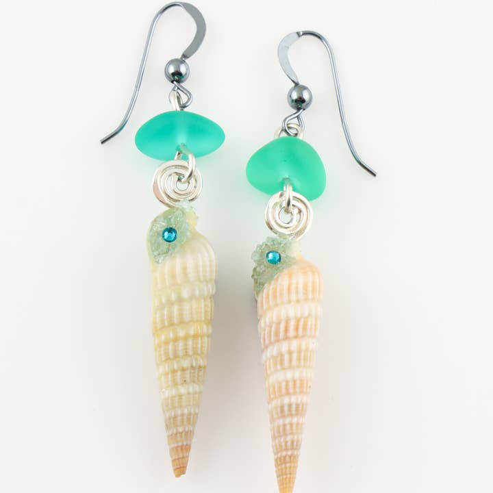 Auger Shell & Apatite Drop Earrings for wholesale by Set Adrift Designs