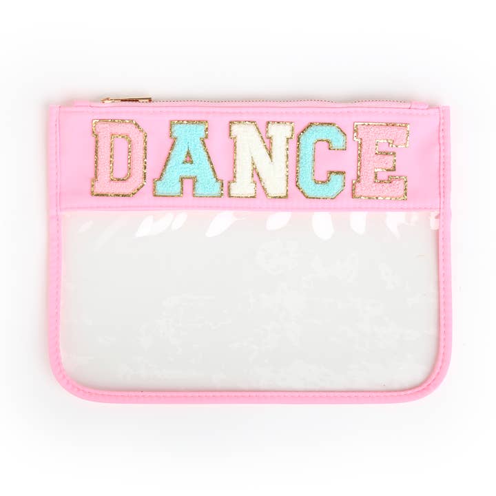 Varsity Letter Patch Clear Zippered Pouch Bag - DANCE for wholesale by The Spotted Zebras