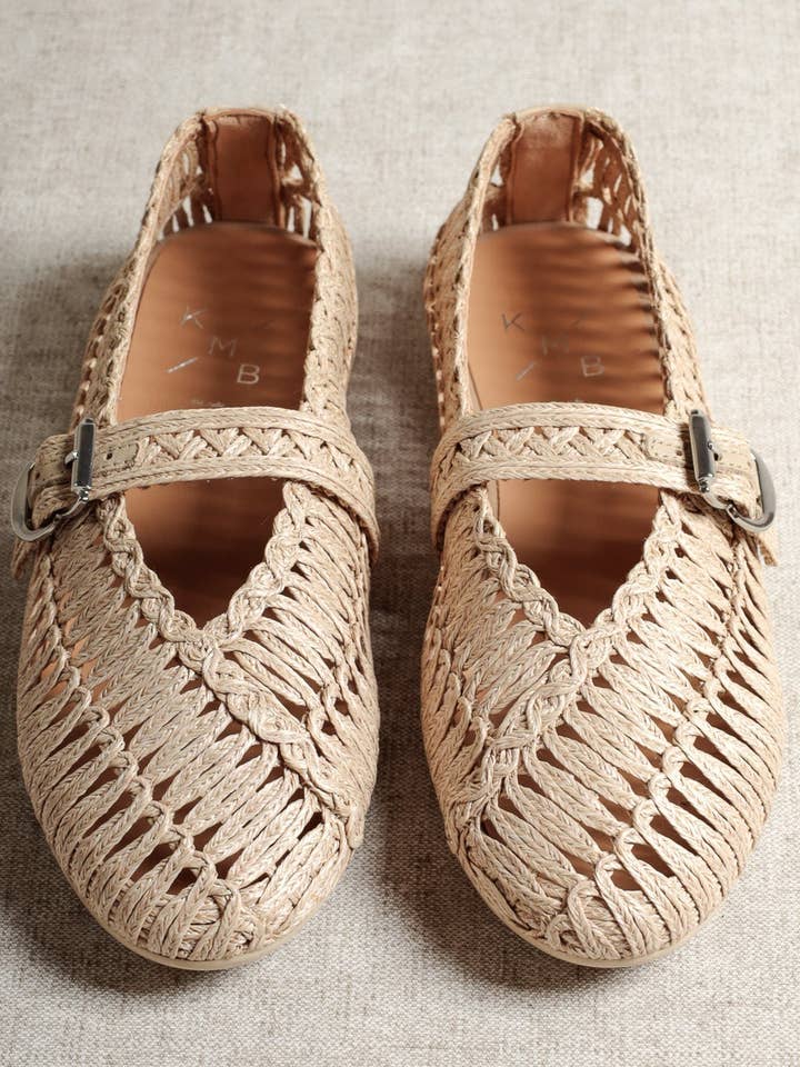 DORIS BEIGE – Braided Raffia Mary Jane Flats for wholesale by KMB Shoes