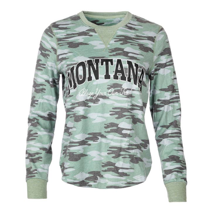 Ladies BYOT Comfy Crew in Camo Green for wholesale by The Montana Way