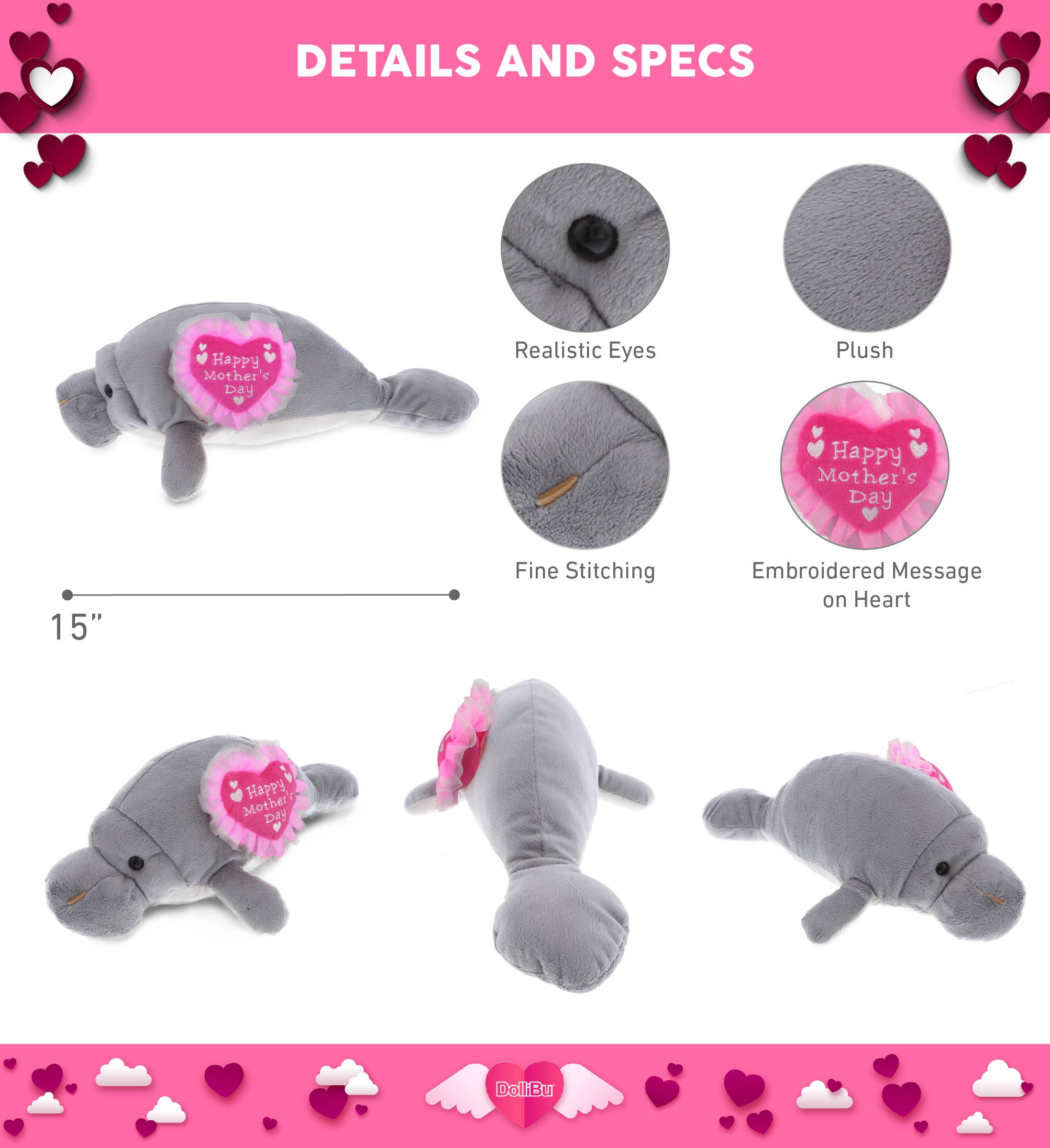Cota Global - Wholesale Stuffed/Plush Toy - Kids & Baby - Plush Mother's Day Heart Wild Collection Grey Manatee2