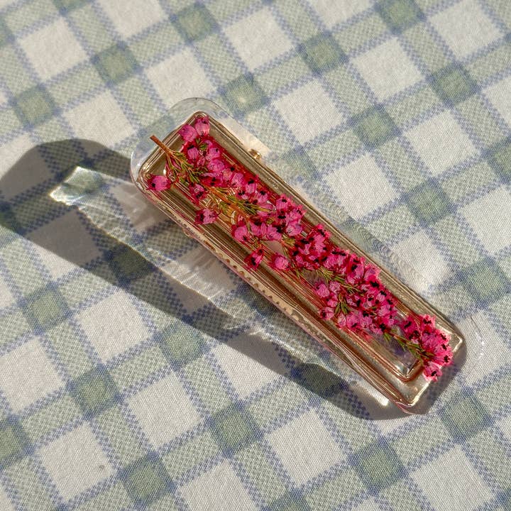 Real pressed pink heather flower rectangle hair clip for wholesale by Cast & Clover