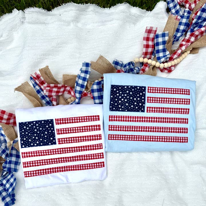 American flag appliqué comfort colors Tshirt. for wholesale by Basil & Burch