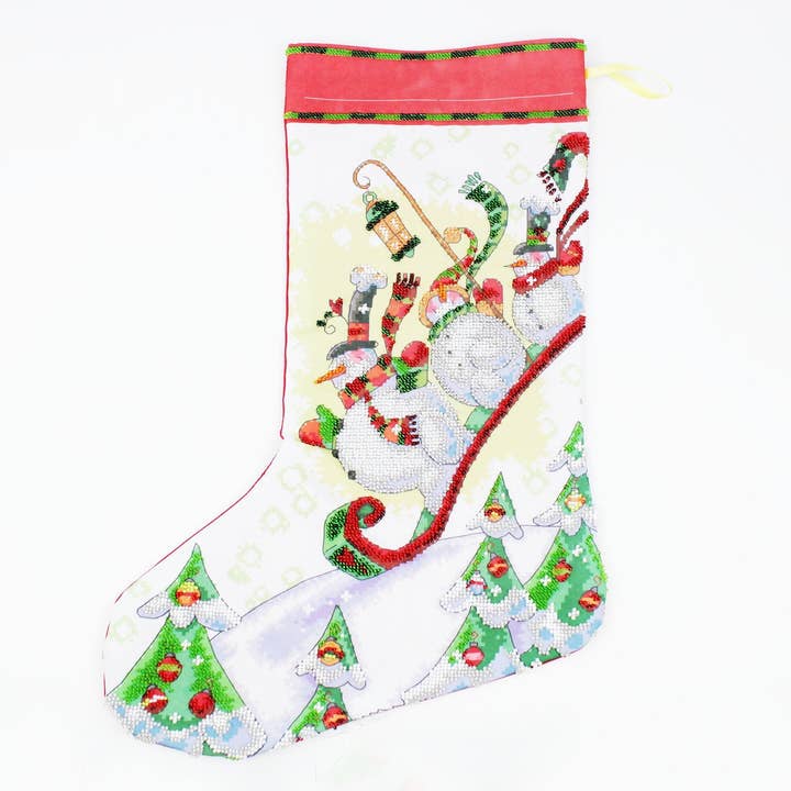3 Happy Snowman Stockings Christmas Hand Embroidered Big Long Xmas Sock Winter Sports for wholesale by Ninolia