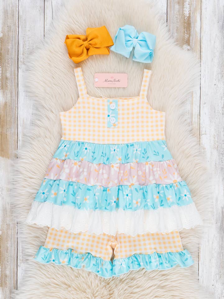 Marie Nicole Clothing - Wholesale Top & Short Set - Kids - Sweet Gingham Floral Ruffle Outfit