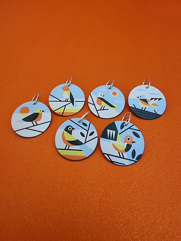 GARDEN BIRDS - Mismatched 25mm disc earrings for wholesale by erin.k creative studio