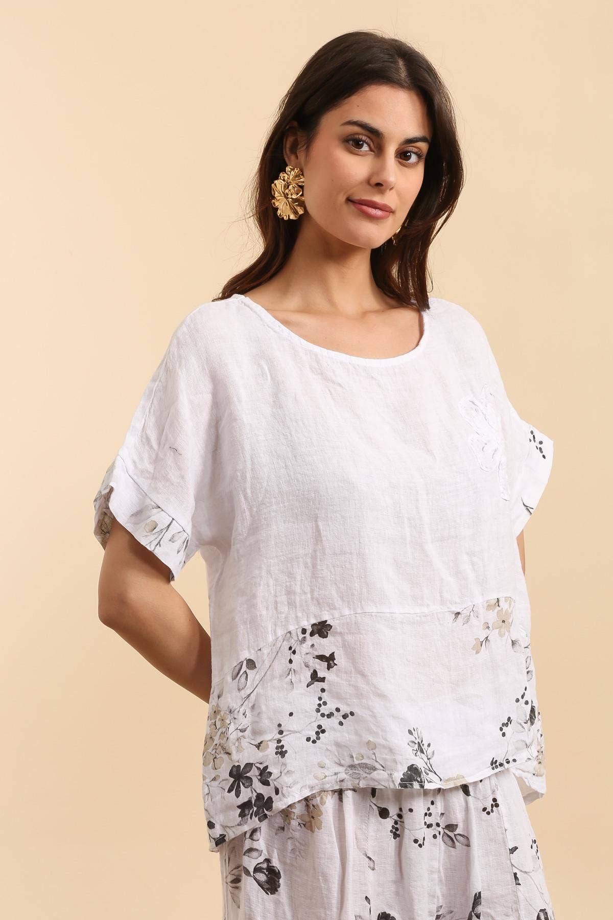 LÉA & LUC - Wholesale Tunic - Women's - Printed blouse with a flower in 100% Linen REF. 1206220