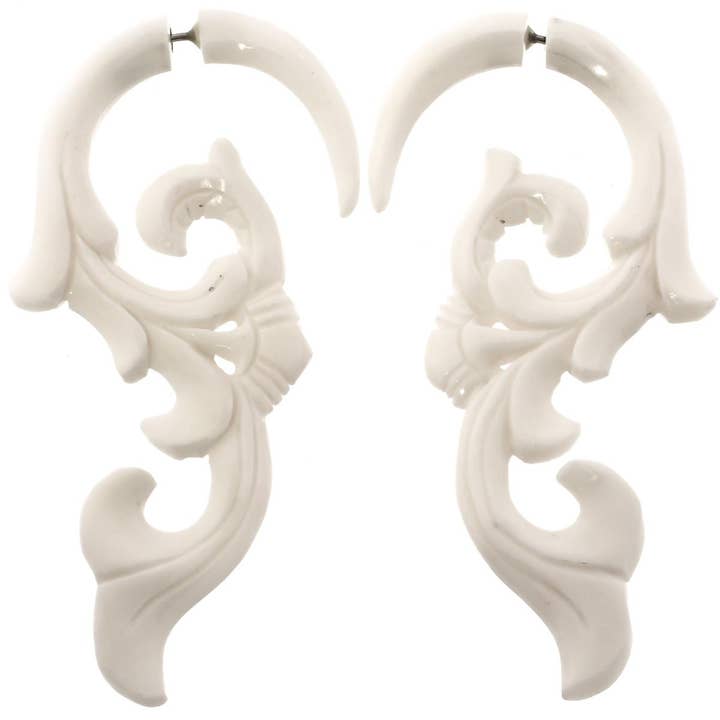 fake gauge white bone tribal orchid flower body jewelry post earrings, 2 3/4" for wholesale by FifiRose