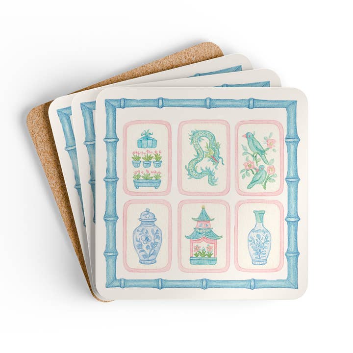 Chinoiserie Pastel Mahjong Corkwood Coasters | Set of 4 for wholesale by Design Carolinas