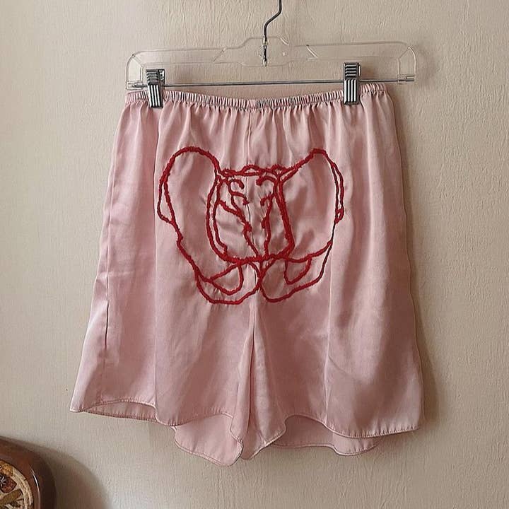 Handembroidered Upcycled Silky Skeleton Pelvis Bone Shorts for wholesale by Les Is More 894