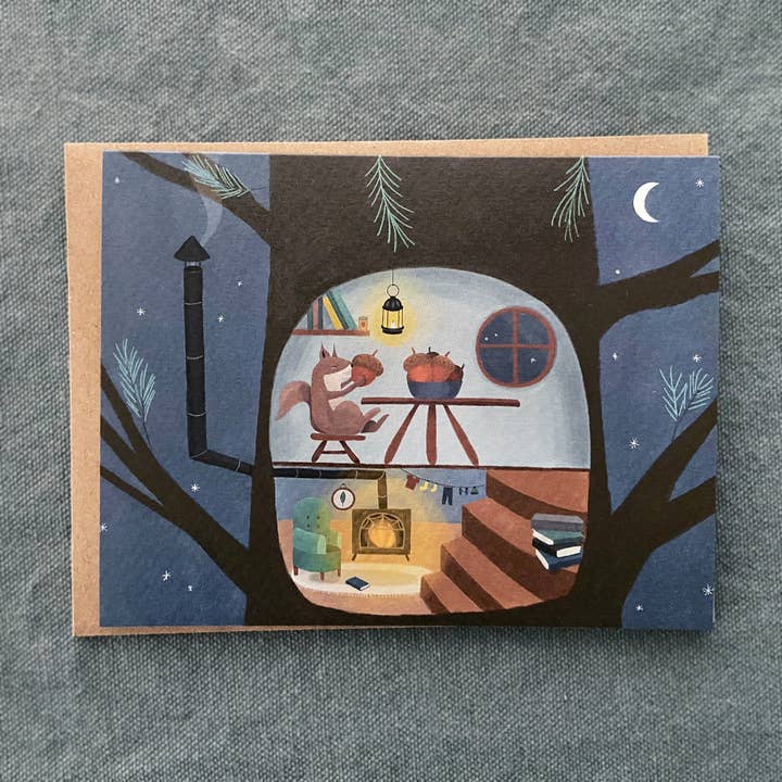 Cozy Squirrel Greeting Card for wholesale by Woken