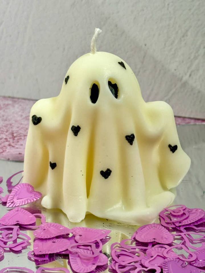 Heart Ghost Candle – Hand-Painted Soy Wax – Spooky Cute Deco for wholesale by Pink Spruce