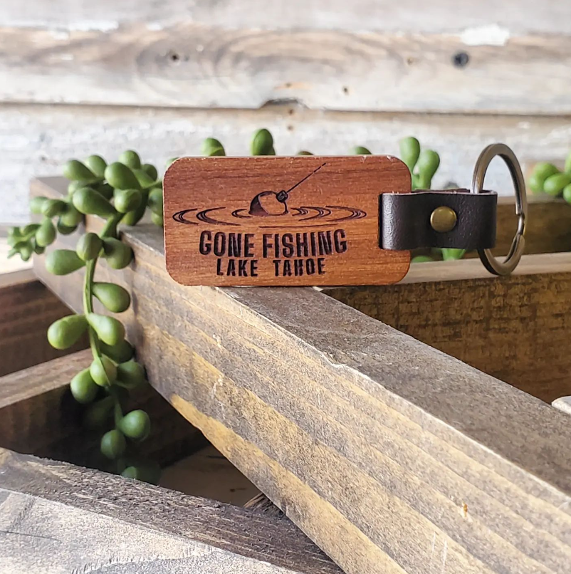 Mad River – wholesale Keychain – Unisex – "Gone Fishing" Wood and Leather Keychain - customizable2