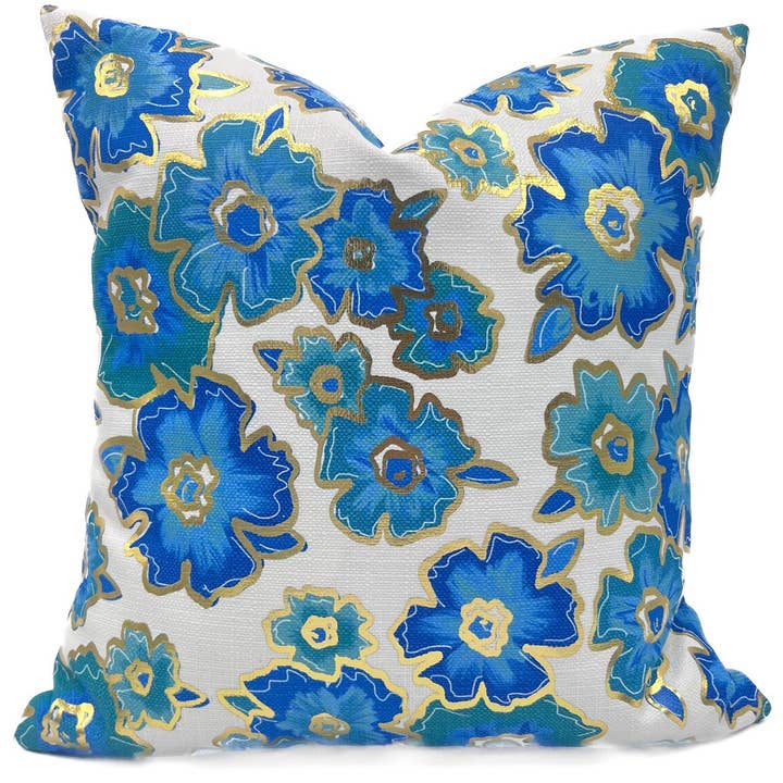 Guldfolie Turkos och Blå Blommor Kudde för wholesale av Rachel Brooks Design, LLC