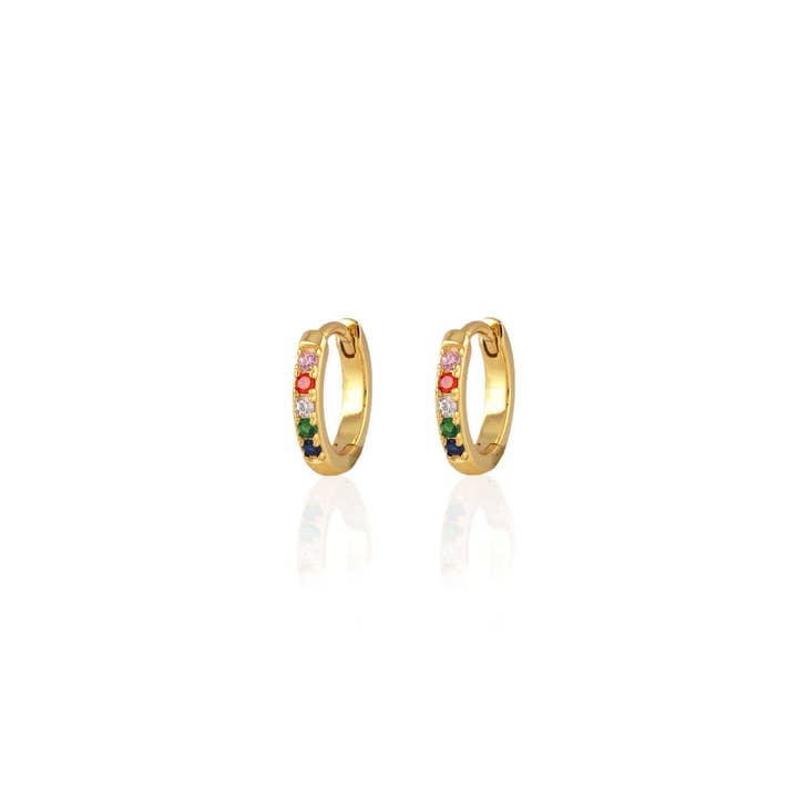 Rainbow Crystal 12mm Huggie Hoop Earrings 18K Gold Vermeil | Sterling Silver Colored CZ Crystals 12mm Hoops Hinge Closure Nickel Free Hypoallergenic Ships from CA for wholesale by Kris Nations