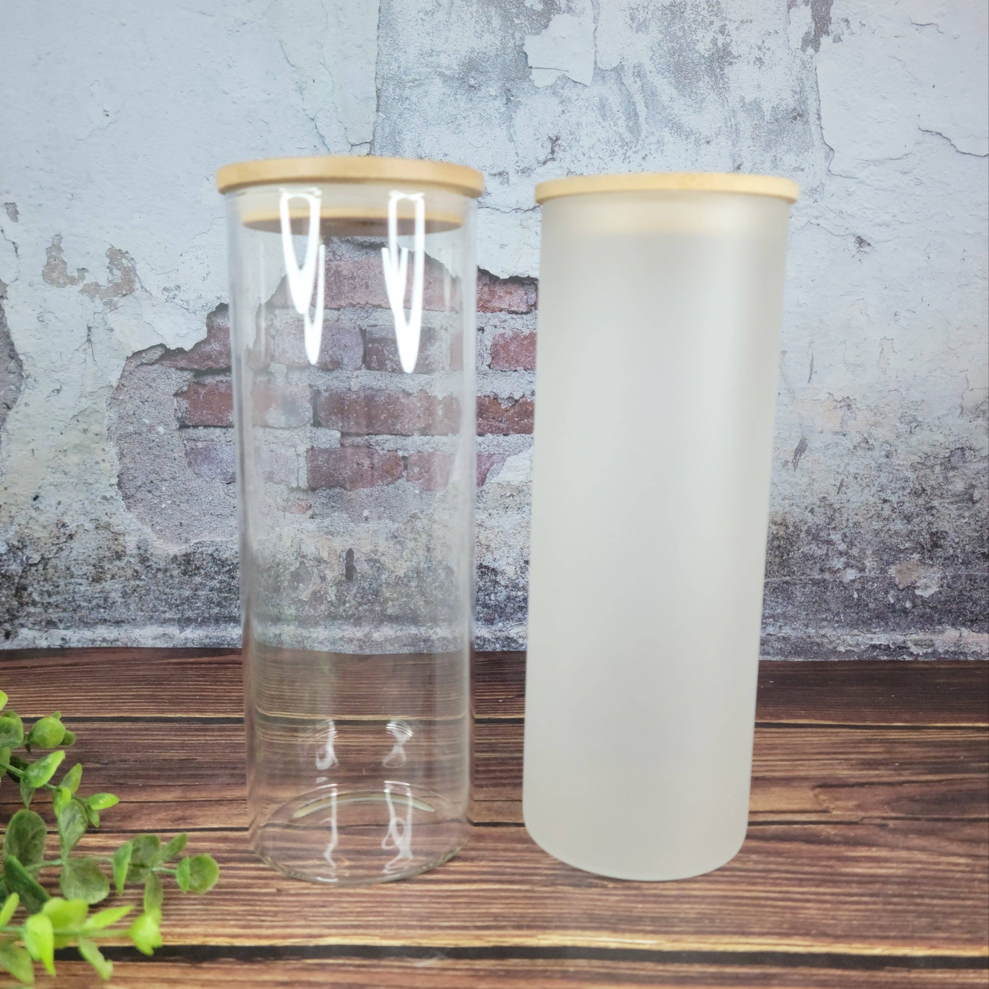 ACC Sublimation Blanks - Wholesale Drinking Glass/Cup - 25oz Sublimation Ready Glass tumblers with Bamboo Lid & plastic straw, Clear or Frosted, sublimation blank glass bottle tumblers1