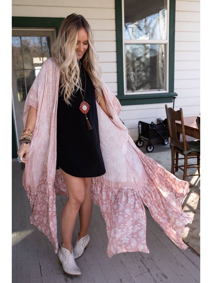 Paisley Tapestry Free Flow Duster Kimono - Blush for wholesale on Faire