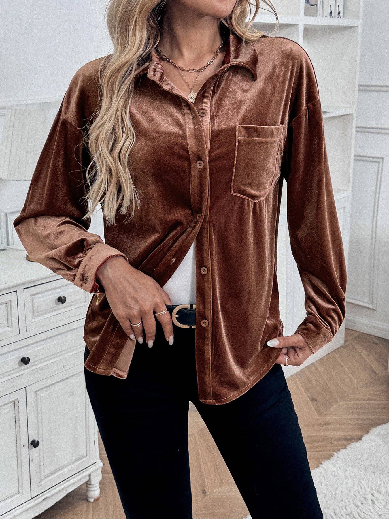 Suhkasana - Wholesale Button Down Shirt - Women's - Solid Velvet Button-Up Lantern Sleeve Collared Blouse19