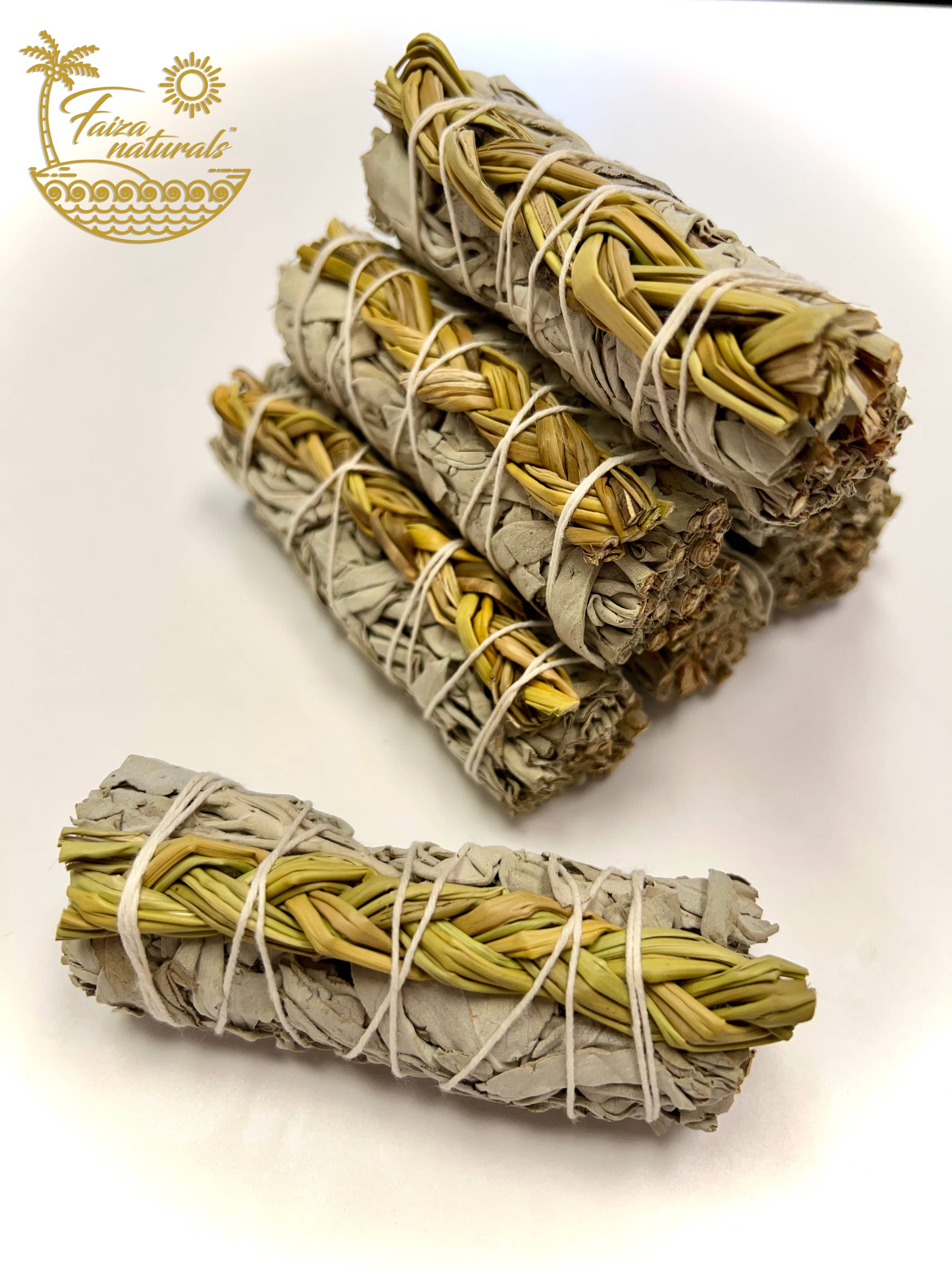 Faiza Naturals - Wholesale Sage Bundle - Braided Sweetgrass with White Sage Bundles1
