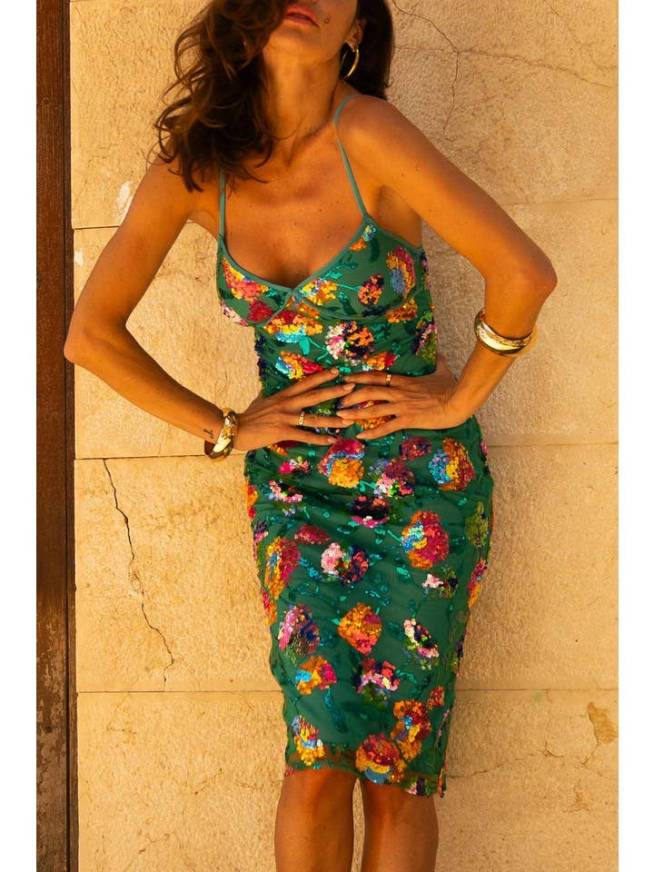 Elsie & Fred – Großhandel Kleid – Damen – Las Dalias Grünes Paillettenkleid8