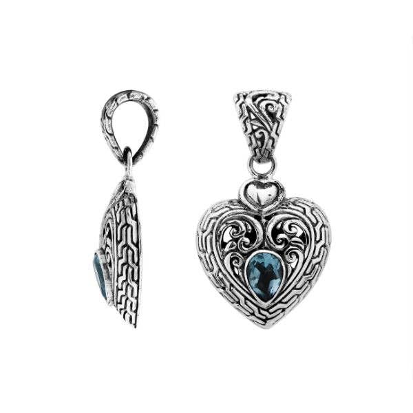 AP-6279-BT Sterling Silver Blue Topaz Quartz Heart Pendant With Balinese Scrollwork Pattern And Polished High-Gloss Finish For Wholesale Buyers for wholesale by Bali Designs