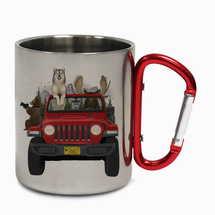 Explore Adventure Carabiner Steel Camping Mug for wholesale by Tiny Print Shop