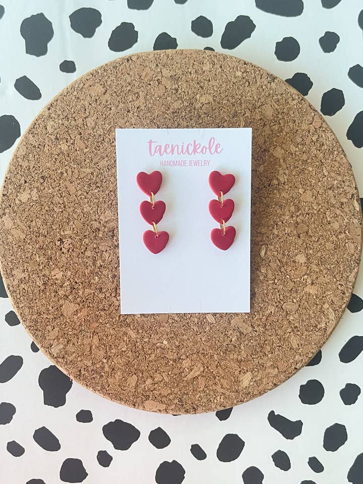 Mini Triple Red Hearts | Clay Earrings | Valentine's Day for wholesale by taenickole