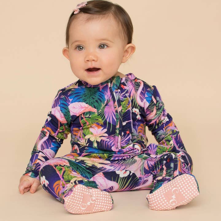 Double Zipper Ruffle Footie - Neon Flamingo for wholesale by Cuddles N Giggles