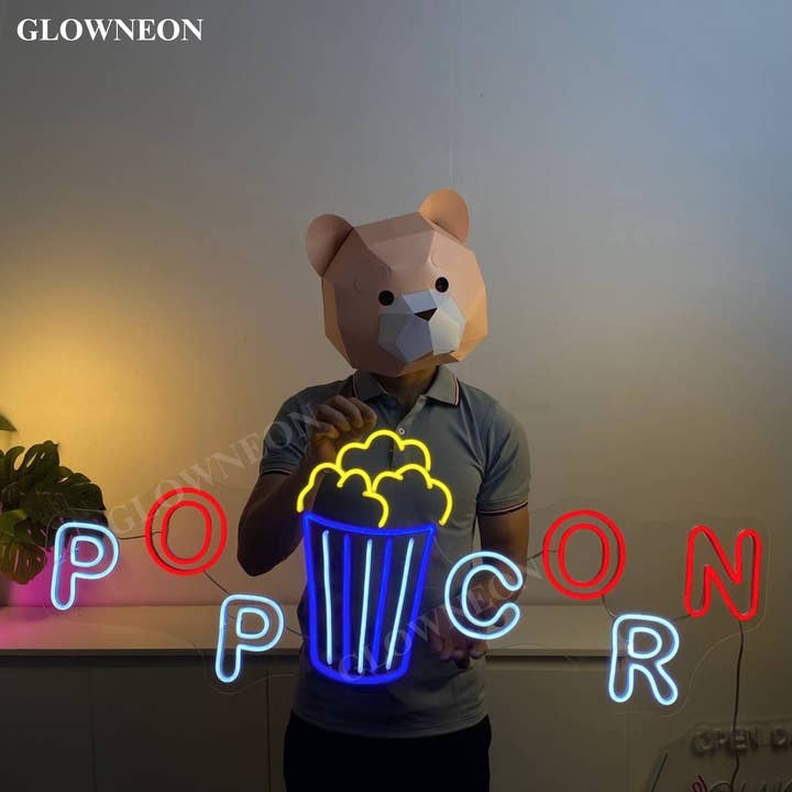 Glow Neon - Wholesale Neon sign - Cinema Popcorn Neon Sign, Popcorn Movie Bar Open Wall Decor