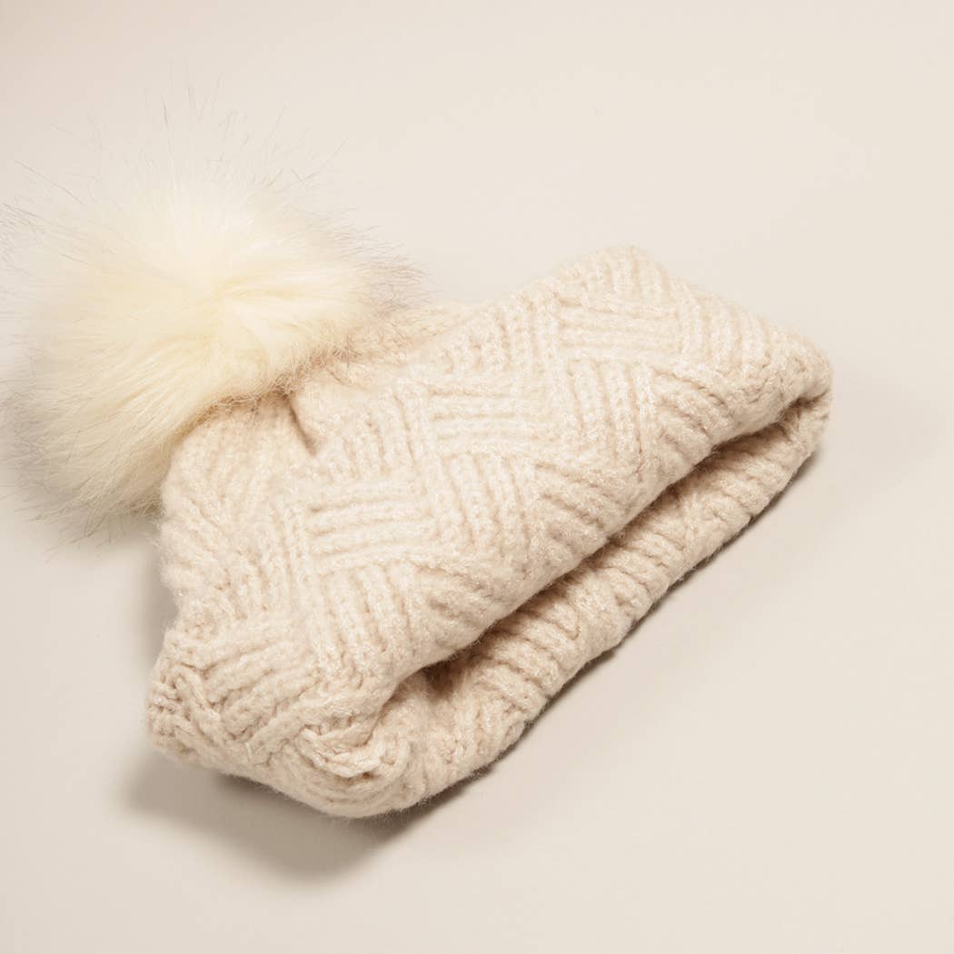 Fashion City - Wholesale Beanie - Dames - Chevron-gebreide muts met pompon van imitatiebont2