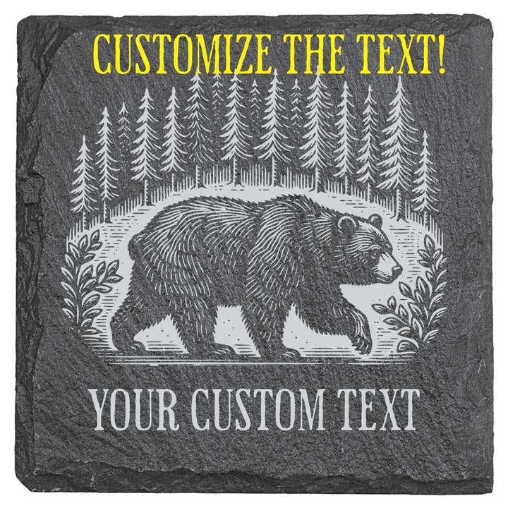 Bear in a Forest - 4" Square Slate Coaster for wholesale by Adirondack Etching LLC