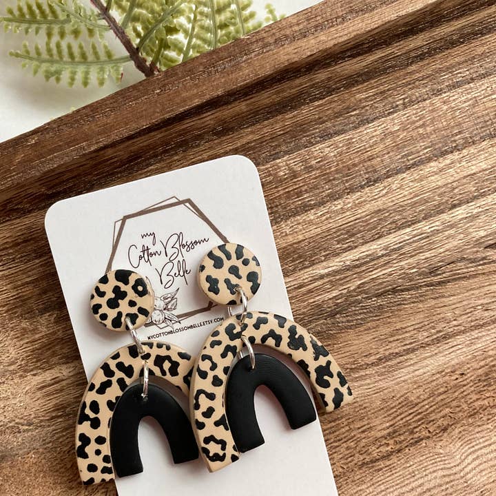 Leopard Print Double Rainbow Clay Earrings for wholesale by My Cotton Blossom Belle