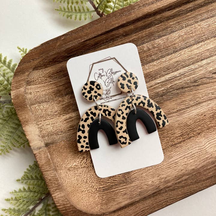 Leopard Print Double Rainbow Clay Earrings for wholesale by My Cotton Blossom Belle