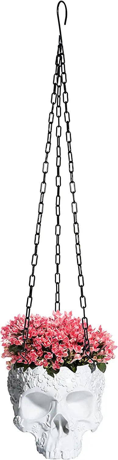 The Wine Savant /  Khen Glassware - Venta al por mayor Macetas colgantes - Maceta colgante con forma de calavera, diseño de esqueleto, blanca, para Halloween, otoño2