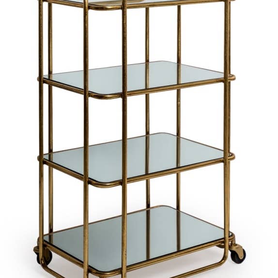Antique Gold/Bronze Leaf Metal Bar Trolley with Mirror Shelf for wholesale by McGowan & Rutherford Ltd