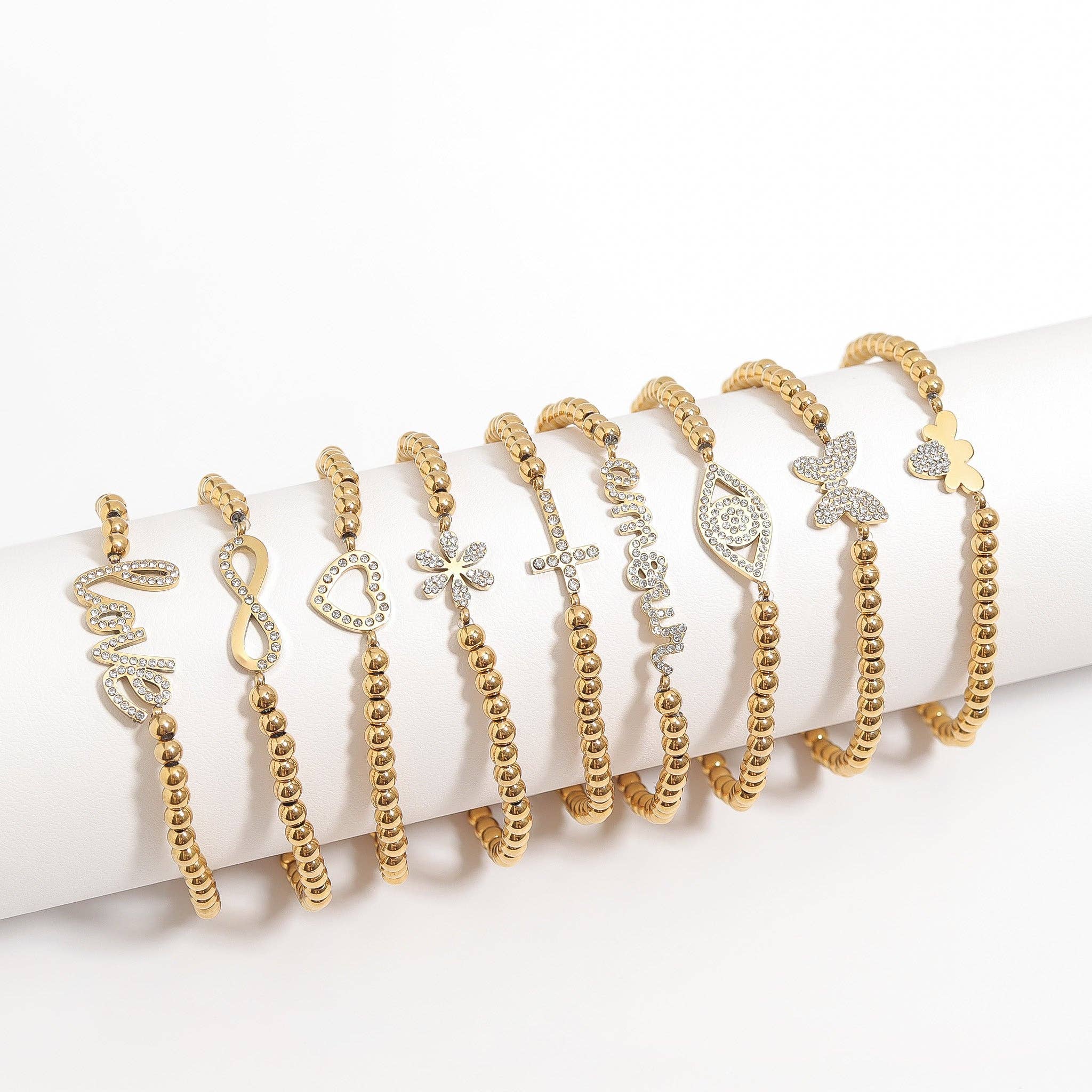 WJW - Wholesale Charm/Dangle Bracelet - 18K Gold PVD CZ Cross Beaded Stretch Bracelet7