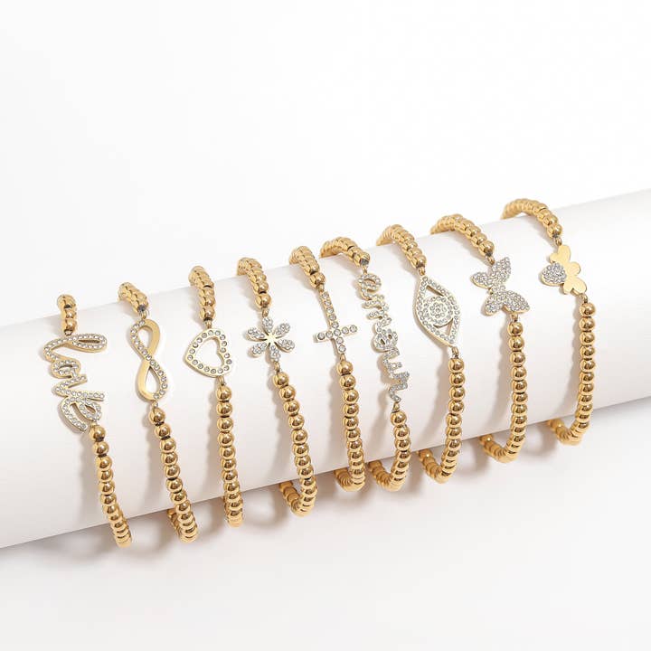 WJW - Wholesale Charm/Dangle Bracelet - 18K Gold PVD CZ Cross Beaded Stretch Bracelet7