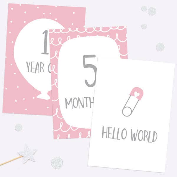 Baby Milestone Cards Ages - Pack of 17 - Girls Pink & Grey for wholesale by Dotty About Paper