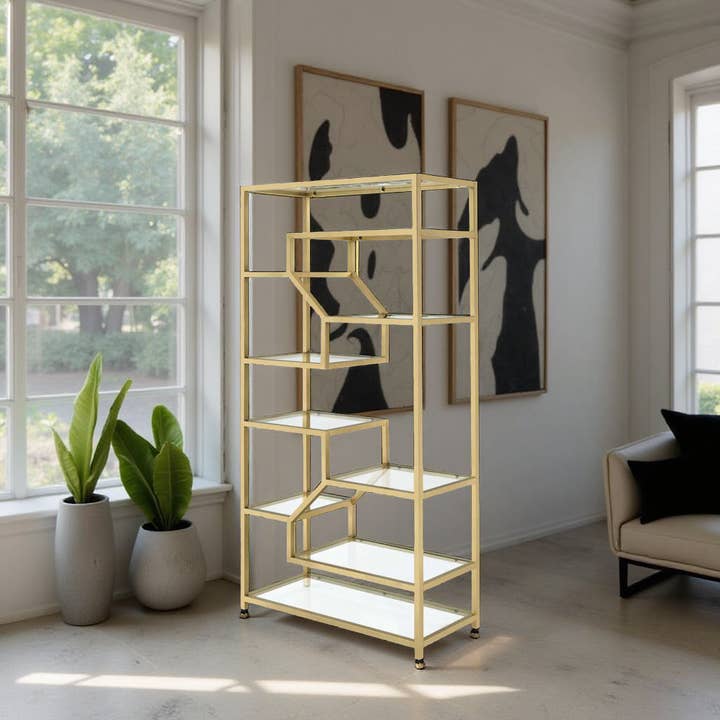 Greenwestons - Wholesale Bookcase - Modern 9-Shelf Gold Bookcase - 77"Height Glass Display Shelf3