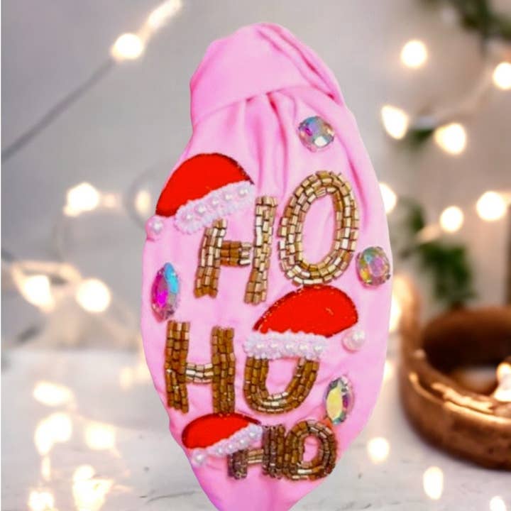 Ho Ho Ho - Santa Hat Headband - Christmas Headband - Top Knot Hand Sewn Headband for Women- Crystal beaded hairband- pink for wholesale by Social Grace & Company