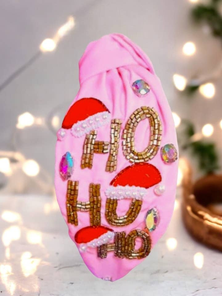 Ho Ho Ho - Santa Hat Headband - Christmas Headband - Top Knot Hand Sewn Headband for Women- Crystal beaded hairband- pink for wholesale by Social Grace & Company