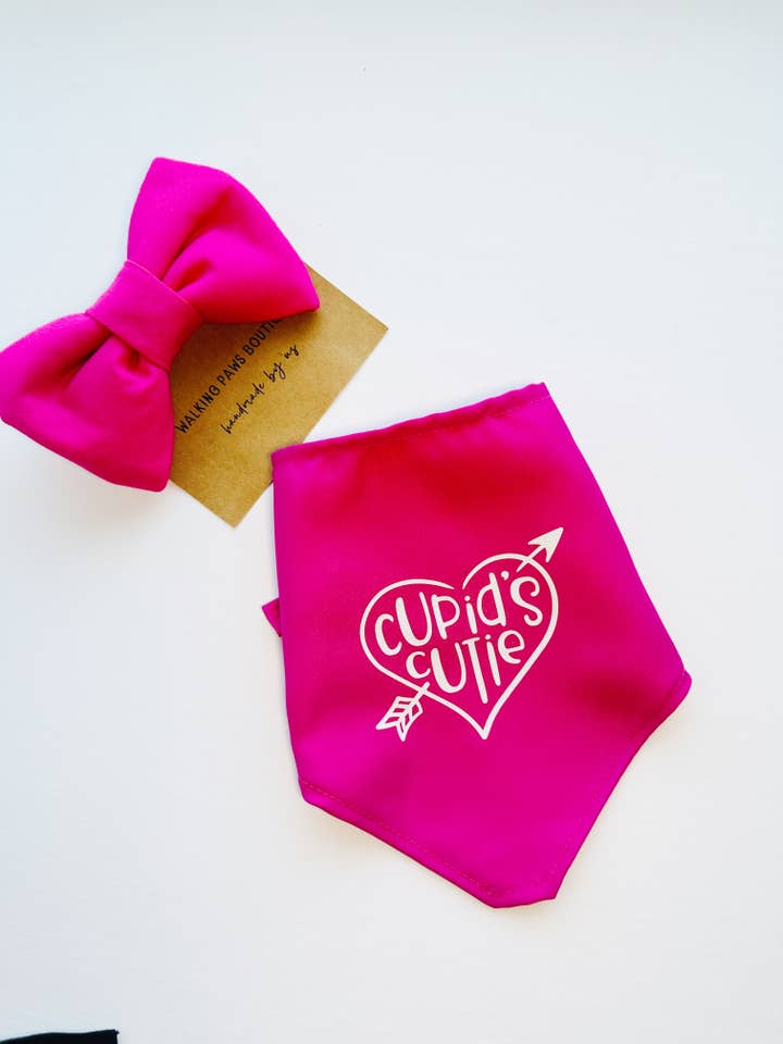hot pink valentines pet bandana for dogs and cat, cupid's for wholesale by Walking Paws Boutique