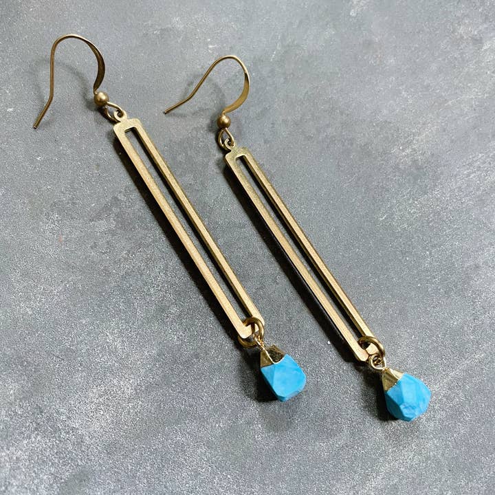 Sheridan Earrings ~ Turquoise ~ Long Brass dangles for wholesale by GeoMetricGem