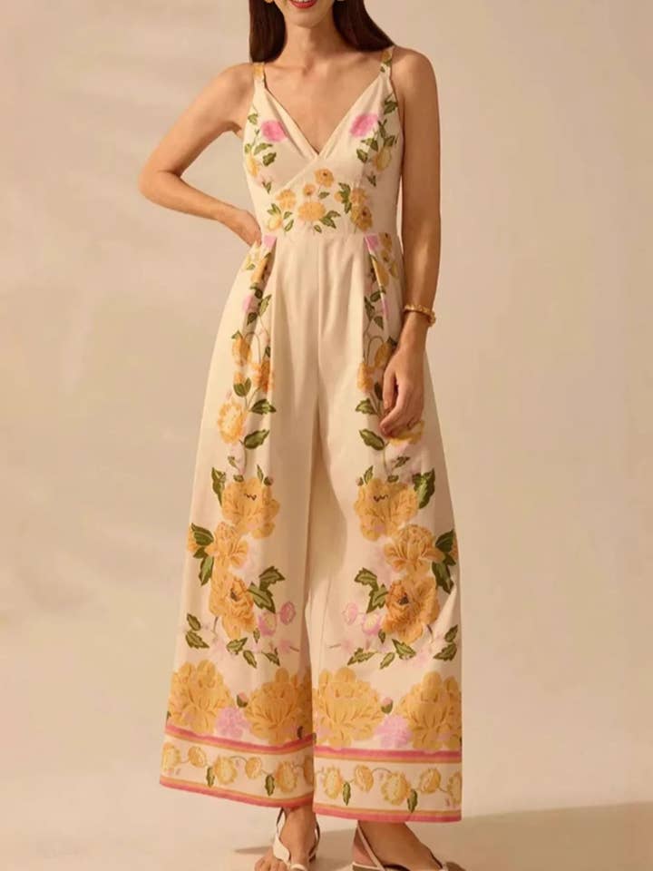 Floral Print Wide-Leg V-Neck Cami Jumpsuit for wholesale by Beyond Apparel