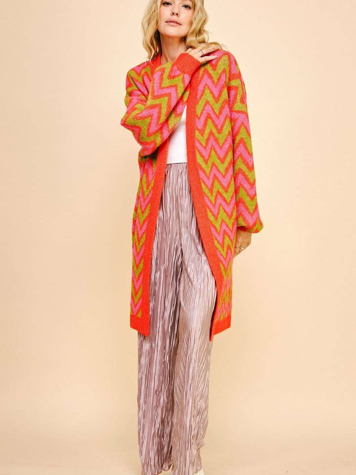 Red PLUS MULTI COLOR CHEVRON ZIGZAG LONGLINE CARDIGAN for wholesale on Faire