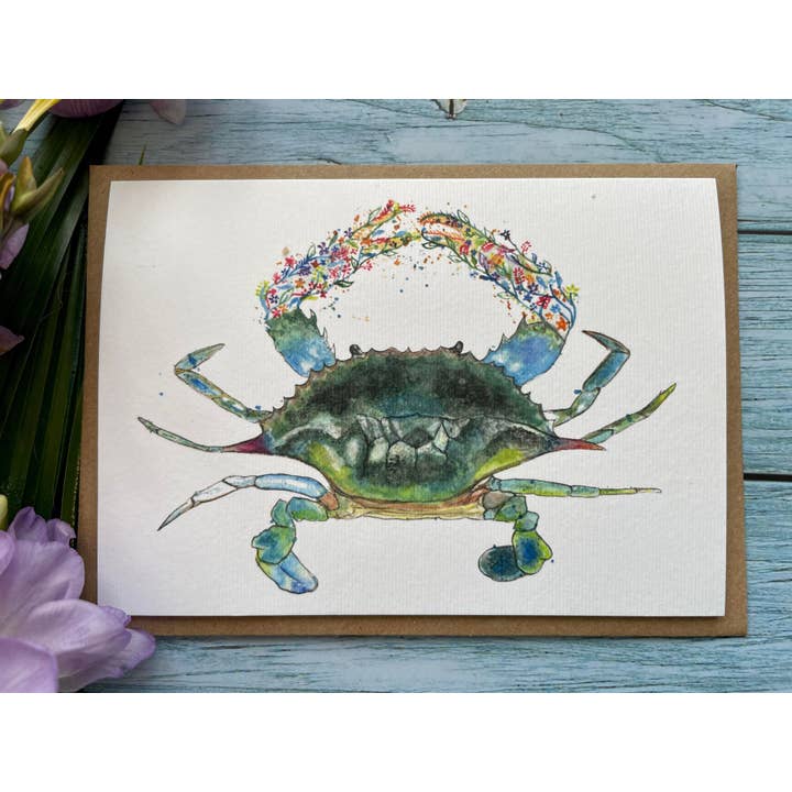 Tarjeta ecológica de Claude The Crab | Arte colorido en blanco junto al mar para venta al por mayor de Jen Winnett Eco Artist
